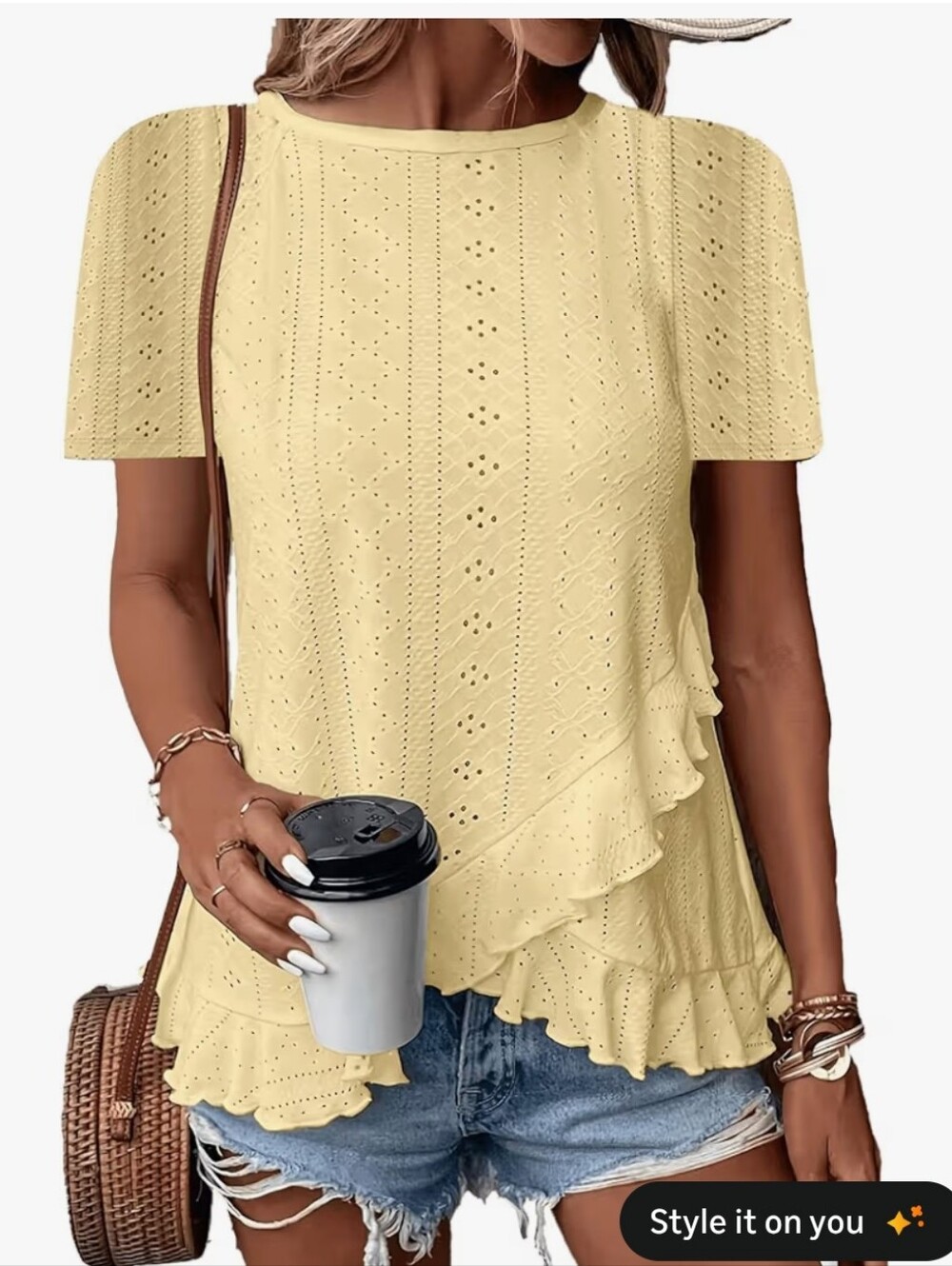 Eyelet Ruffle Hem Summer Tunic Top - Yellow #84